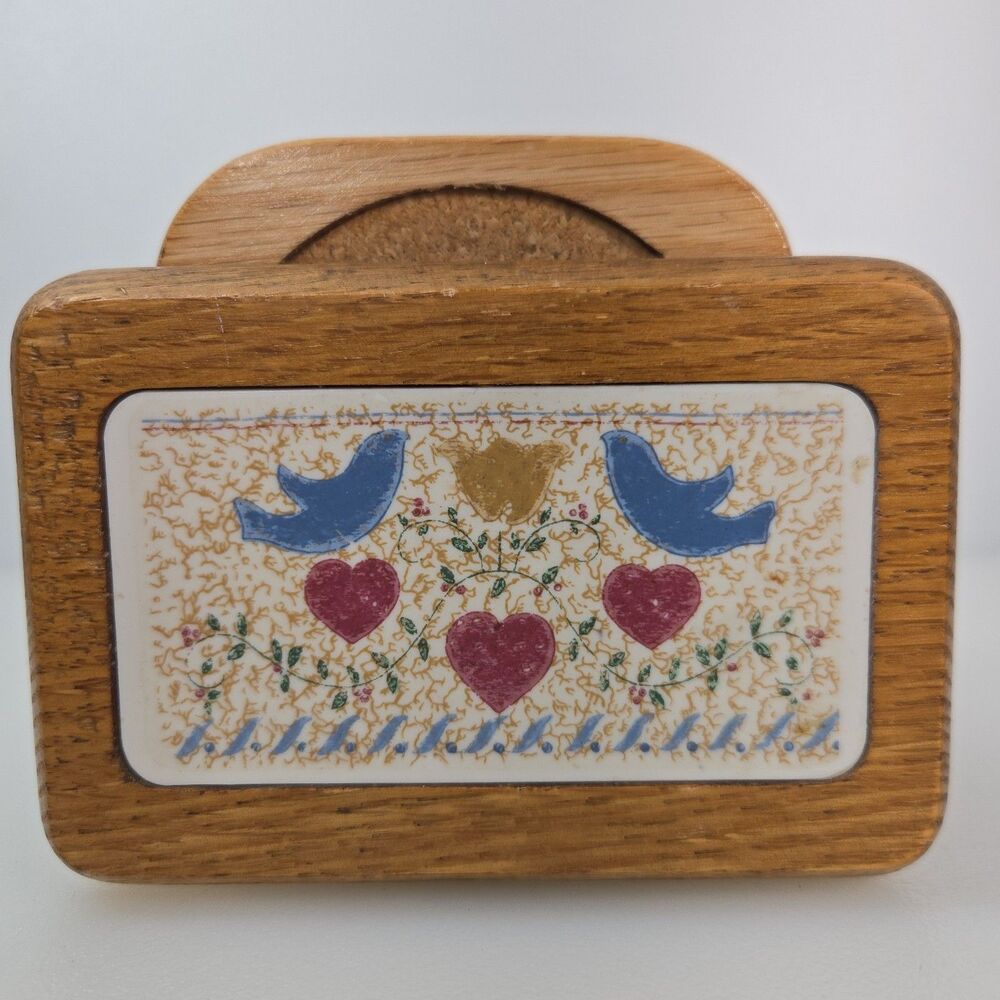 VTG Wood Coaster Set with Holder 6 Cork Coasters Blue Birds & Hearts Cottagecore